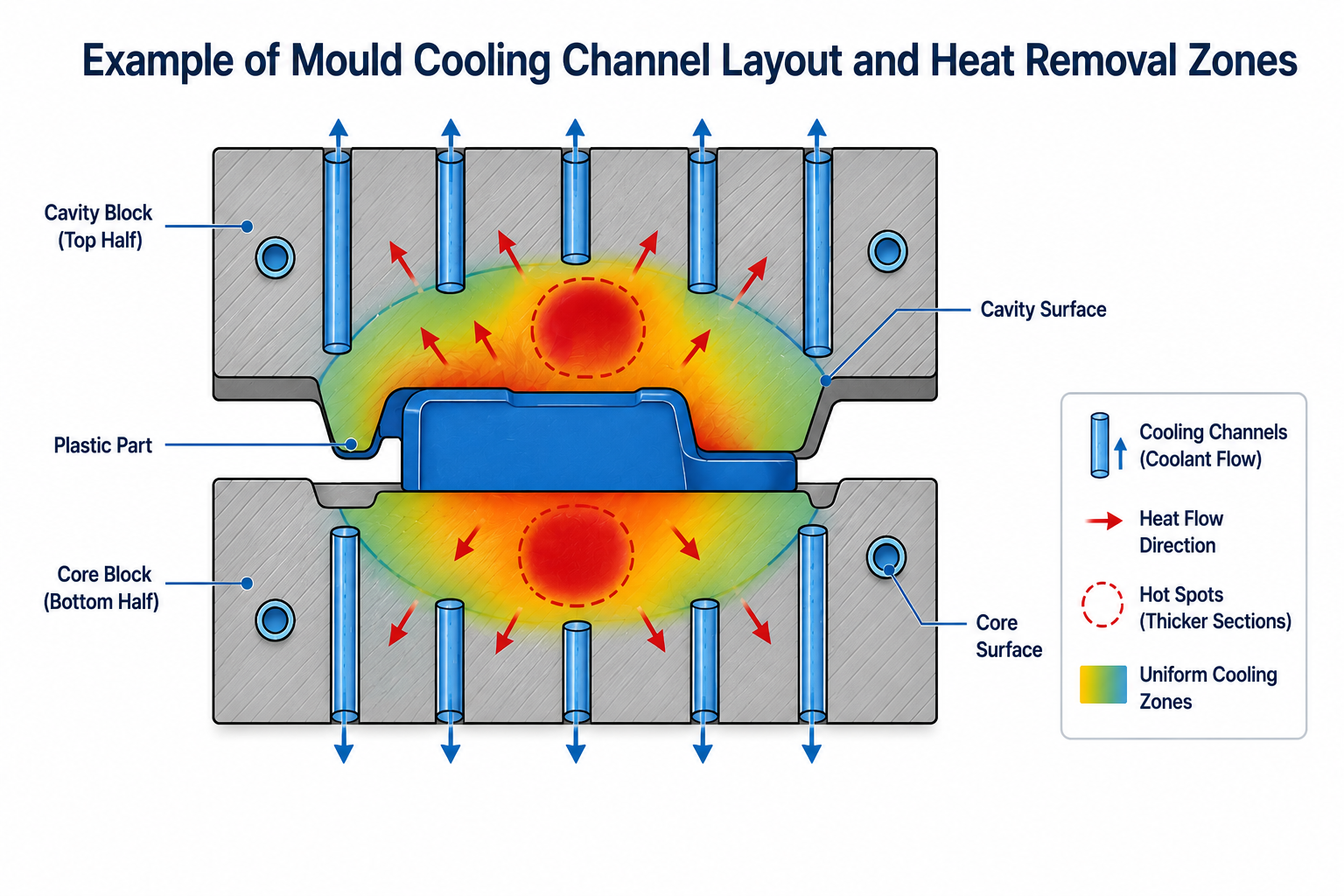 Mould cooling system layout and heat removal zones