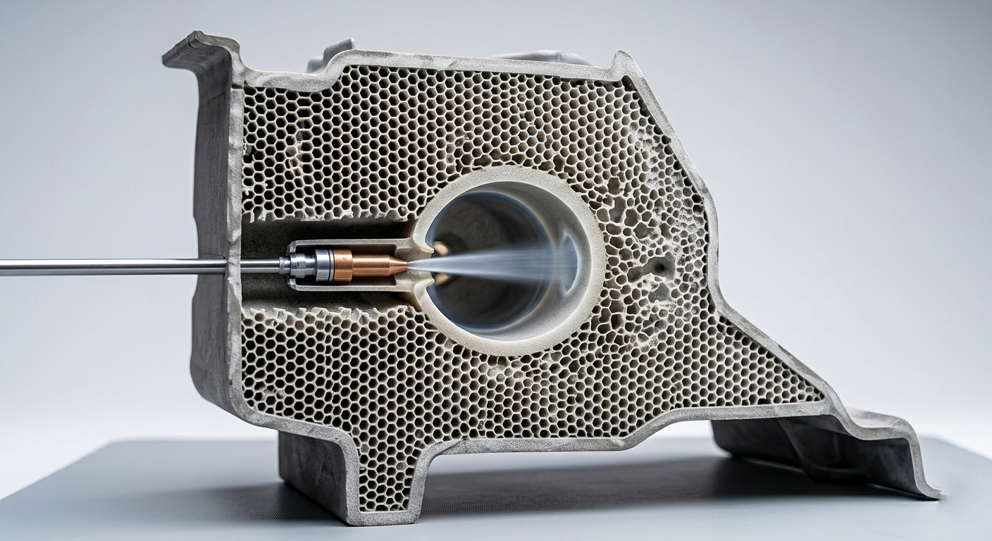 Technical diagram showing an active gas assist injection nozzle forming a clean hollow internal channel inside the cellular honeycomb core of a structural foam plastic component.