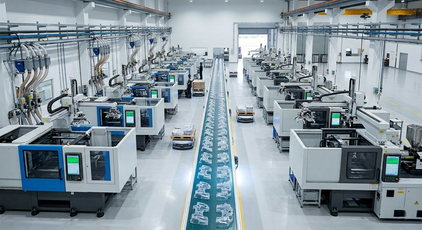 automated plastic injection molding facility showing rows of advanced production machinery and active conveyor belts transporting precision manufactured components.