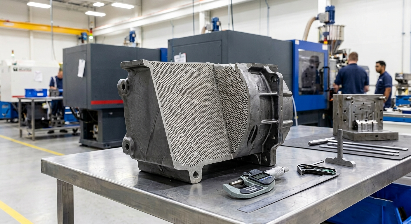 Technical cross section of a large structural foam molded industrial housing, showing the solid outer skin transitioning into a uniform cellular honeycomb interior core on an inspection table.