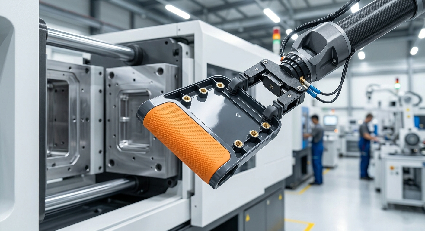 High-precision industrial robotic arm extracting a custom overmolded plastic component with integrated brass threaded inserts and a textured orange soft-touch grip inside a clean electronics manufacturing factory.