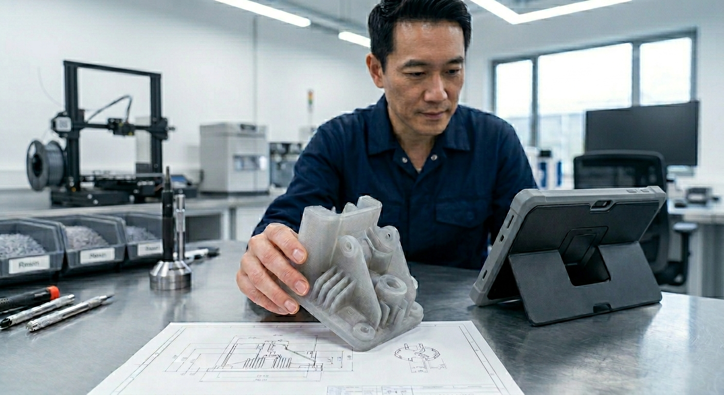 An engineer inspects a newly molded grey plastic prototype part while cross-referencing a digital 3D CAD engineering design on a tablet mounted on a clean workshop table with blueprinted plans.